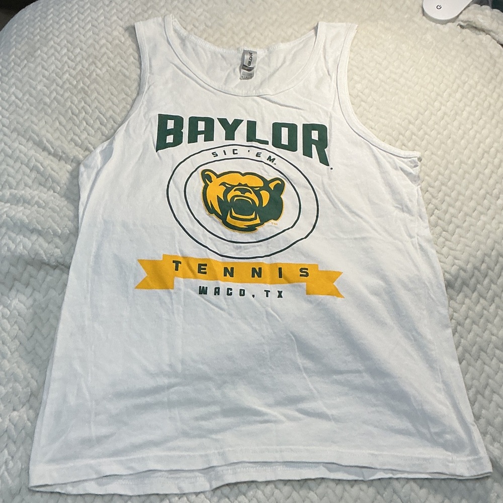 Gildan White Tank Top with Green and Gold Baylor Tennis Logo women’s Sz M 0789